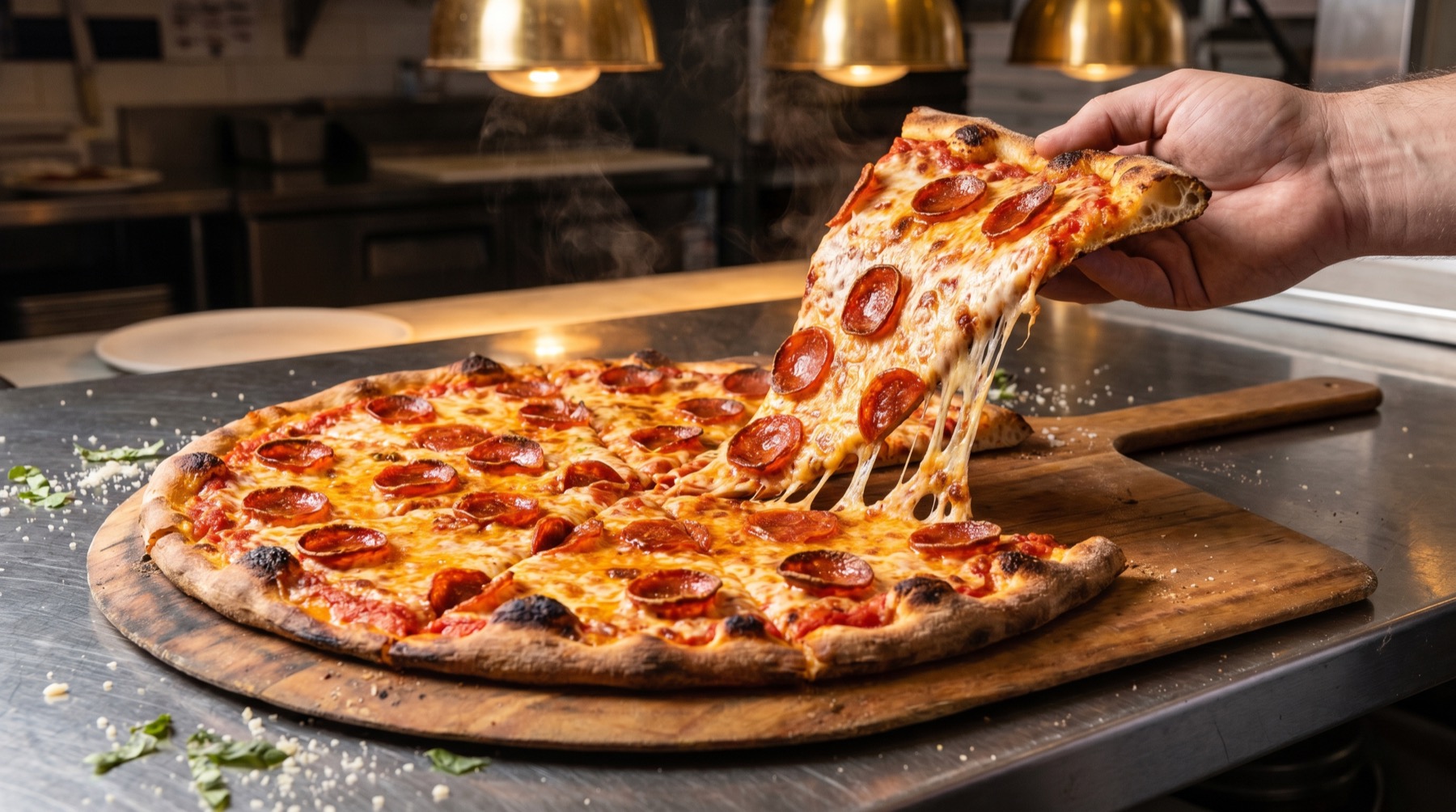 A giant New York–style pepperoni pizza with crispy cupping pepperoni and a slice being pulled at a FStopPizza catering event